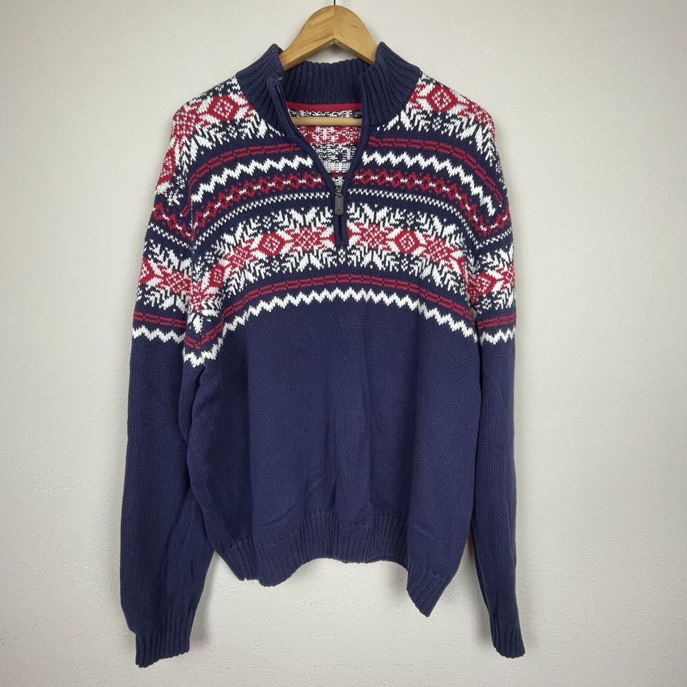 Izod Men's 1/4 Zip Sweater 2XL Fair Isle Mock Neck Fisherman GrandpaCore Cozy